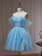 Lovely Light Blue Tulle Short Beaded Formal Dress, Blue Homecoming Dress