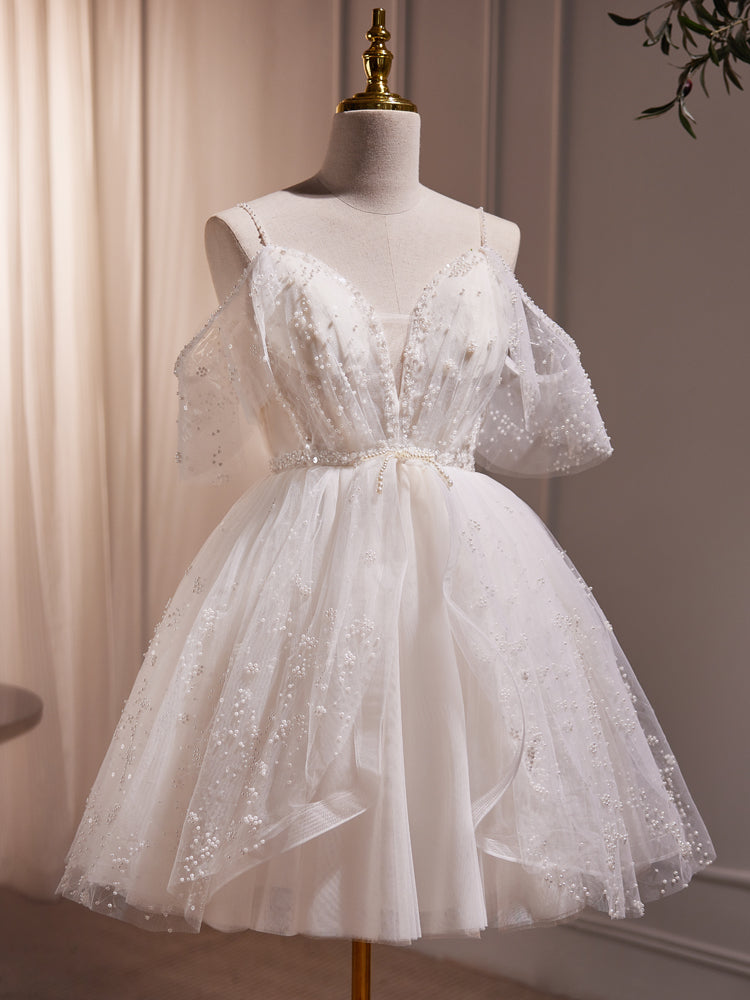 Ivory Knee Length V-neckline Beaded Straps Party Dress, Ivory Homecomi Cutedressy Ivory Knee Length V-neckline Beaded Straps Party Dress, Ivory Homecomi Cutedressy