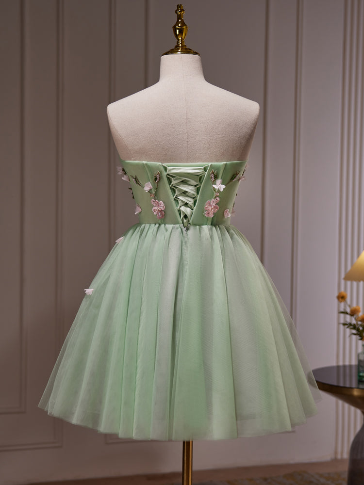Green Tulle with Flowers Tulle Beaded Party Dress, Green Short Prom Dress