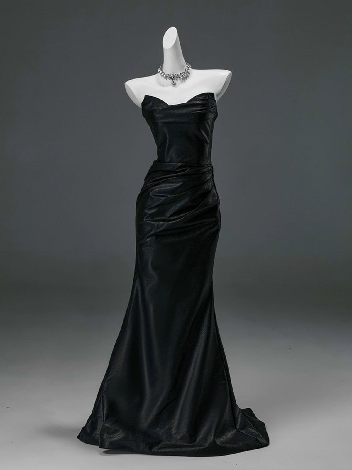 Vintage Gothic Black Satin Prom Dress, Strapless Mermaid Maxi Gown with Ruched Detail