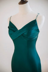 Green Satin Mermaid Straps Sweetheart Long Party Dress, Green Soft Satin Evening Dress
