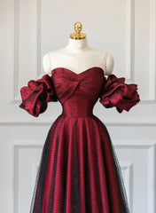 Off Shoulder Wine Red Sweetheart Tulle Prom Dress, A-line Wine Red Evening Dress