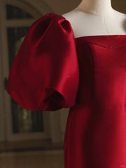 Glam Satin Puffy Short Sleeves Long Evening Dress, Wine Red Satin Prom Dress