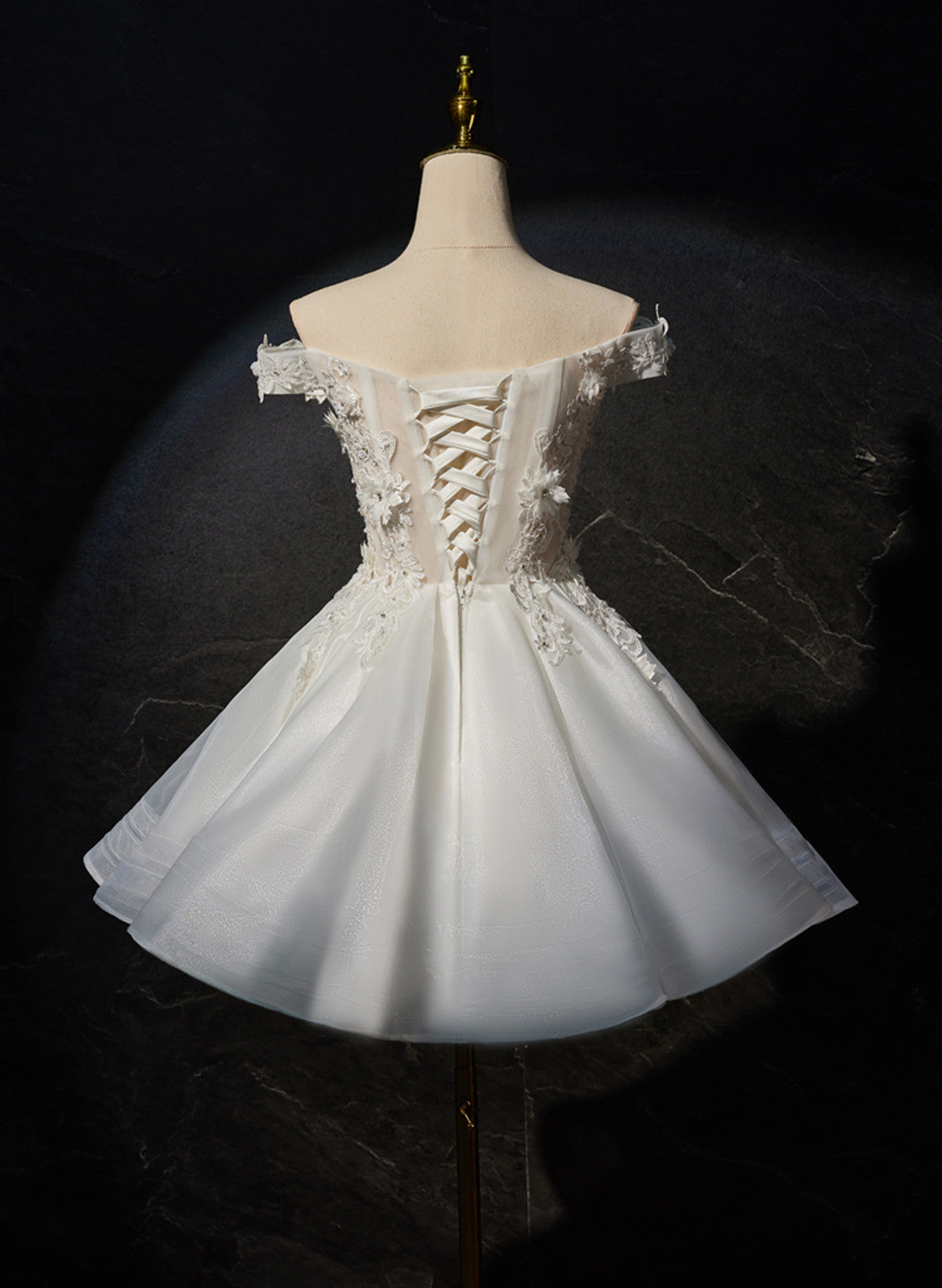 White Lovely Short Tulle with Lace Off Shoulder Party Dress, White Gra Cutedressy White Lovely Short Tulle with Lace Off Shoulder Party Dress, White Gra Cutedressy