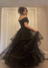 Elegant Black Off Shoulder Layered Long Prom Dress, Beaded Back Evening Dress Wedding Guest Dress 