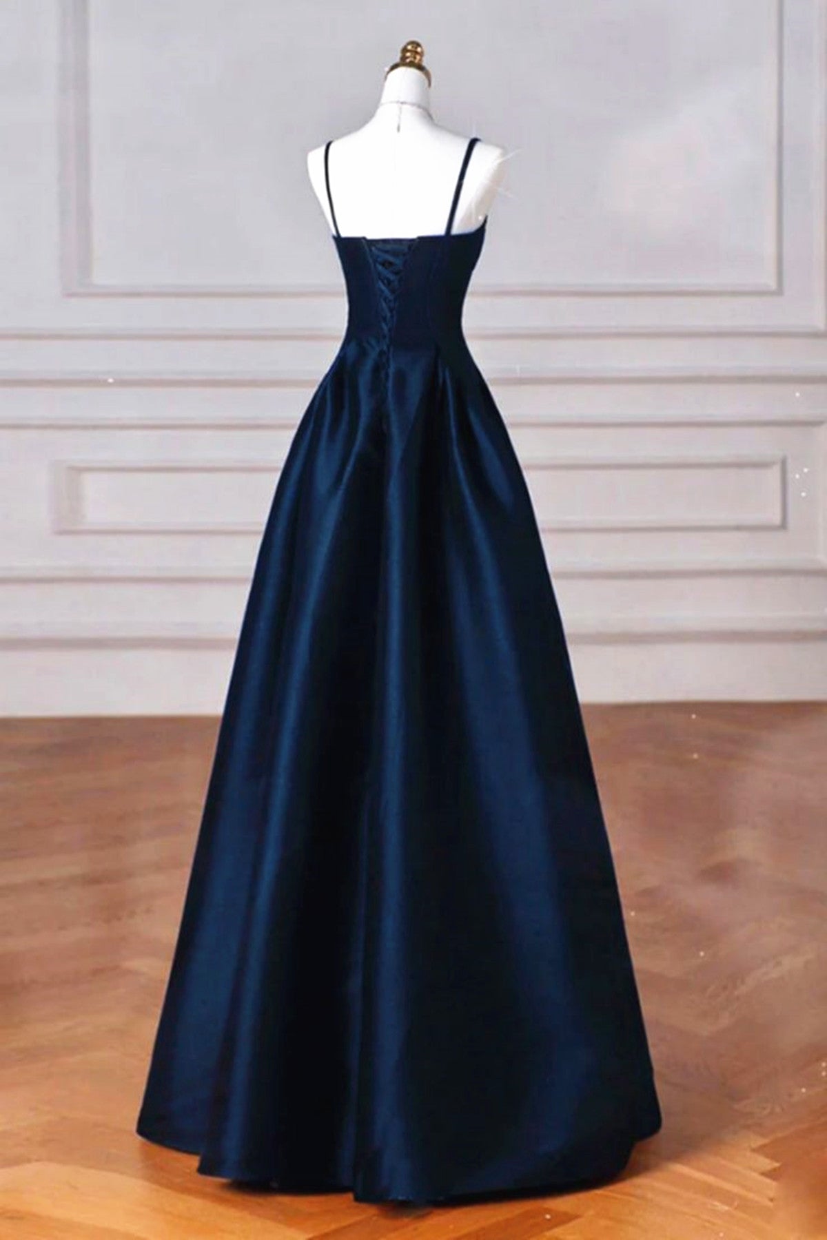 A-line Navy Blue Satin Straps Long Formal Dress, Navy Blue Prom Dress Cutedressy A-line Navy Blue Satin Straps Long Formal Dress, Navy Blue Prom Dress Cutedressy