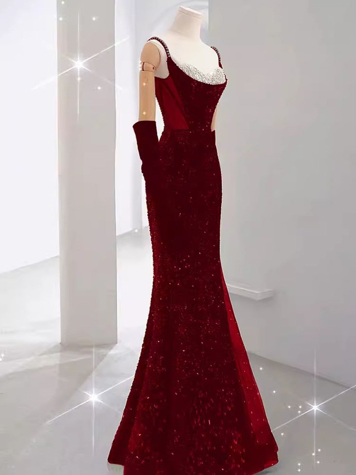 Wine Red Sequins Mermaid Straps Long Formal Dress, Wine Red Beaded Prom Dress