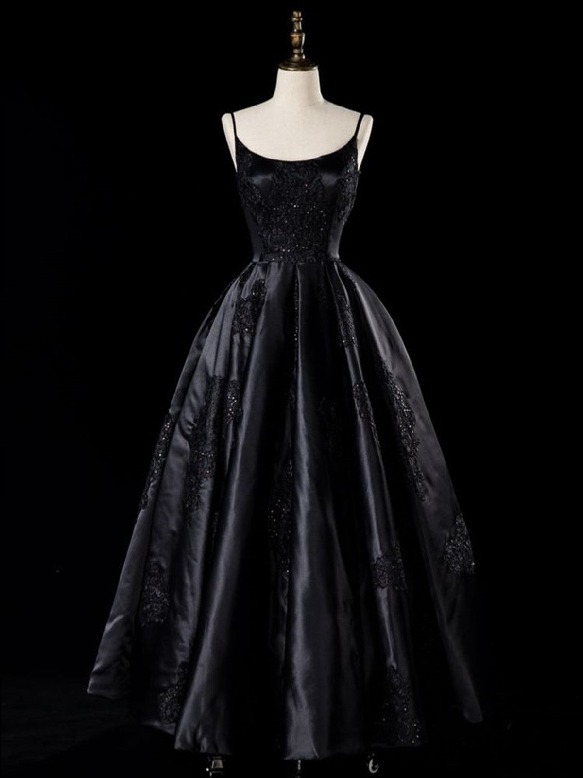 A-line Black Satin Straps Round Neckline Party Dress, Black Floor Length Prom Dress with Lace Applique