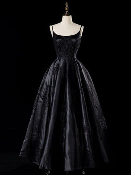 A-line Black Satin Straps Round Neckline Party Dress, Black Floor Length Prom Dress with Lace Applique