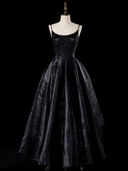 A-line Black Satin Straps Round Neckline Party Dress, Black Floor Length Prom Dress with Lace Applique