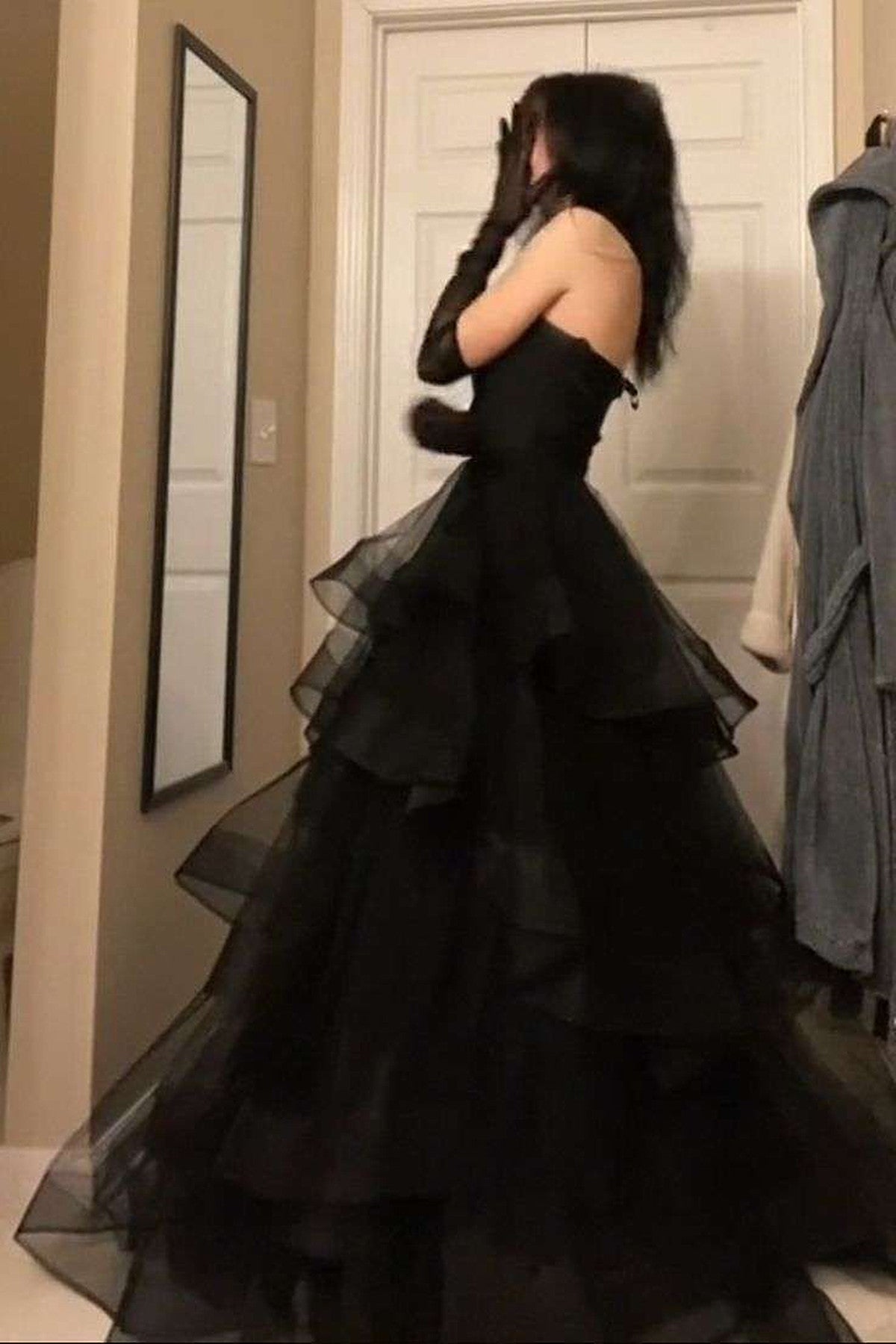 A-line Layers Tulle Back Sweetheart Party Dress, Black Tulle Long Prom Dress Evening Dress