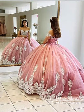 Pink Tulle Ball Gown with Lace Applique Sweet 16 Dress, Pink Tulle Formal Dress with Cap