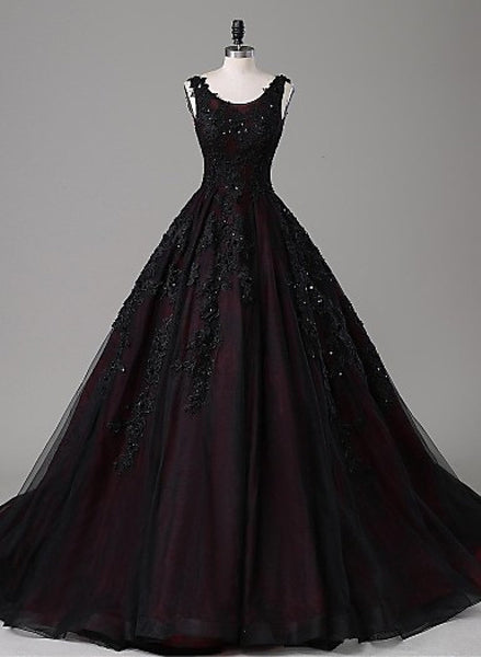 Black and Red Round Neckline Lace Wedding Party Dress, Black and Red P ...