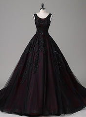 Black and Red Round Neckline Lace Wedding Party Dress, Black and Red Party Dress
