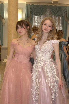 A-line Pink Tulle Off Shoulder Long Prom Dress, Shiny Pink Tulle Evening Dress Party Dress
