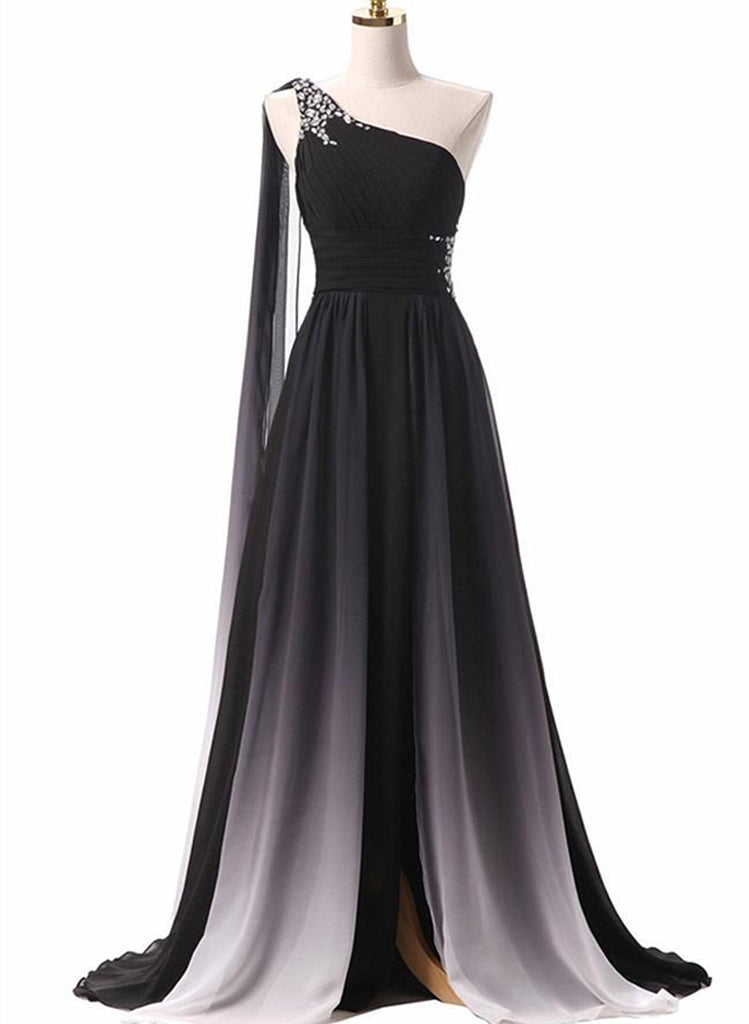 Black Chiffon One Shoulder Long Prom Dress, Formal Fancy Evening Party