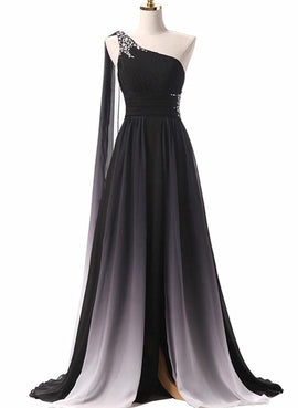 Black Chiffon One Shoulder Long Prom Dress, Formal Fancy Evening Party Dress