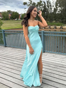 Light Blue Spaghetti Straps Prom Dress with Slit, Light Blue Party Dress