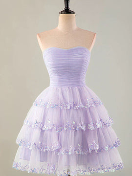 Light Purple Scoop Knee Length Tulle with Lace Party Dress, Light Purple Homecoming Dress