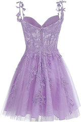 Lavender Tulle Lace Applique Homecoming Dress, Floral Tulle Short Prom Dress