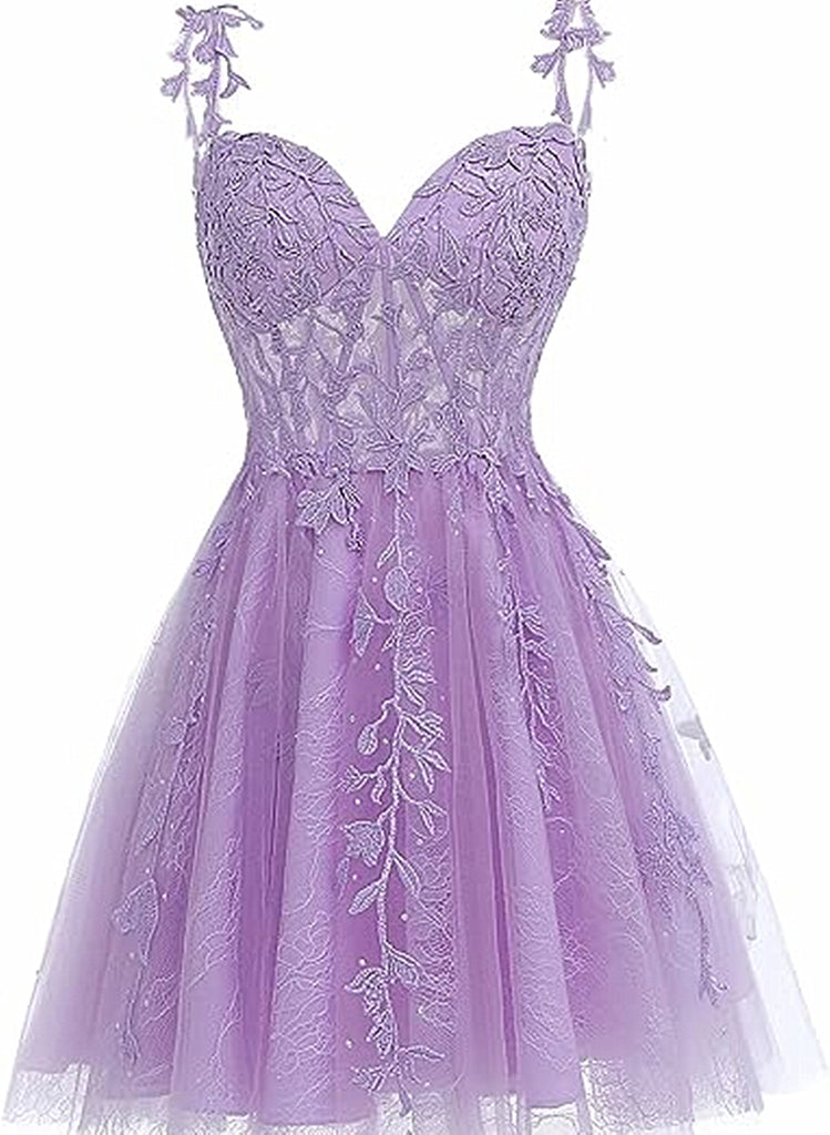 Lavender Tulle Lace Applique Homecoming Dress, Floral Tulle Short Prom ...