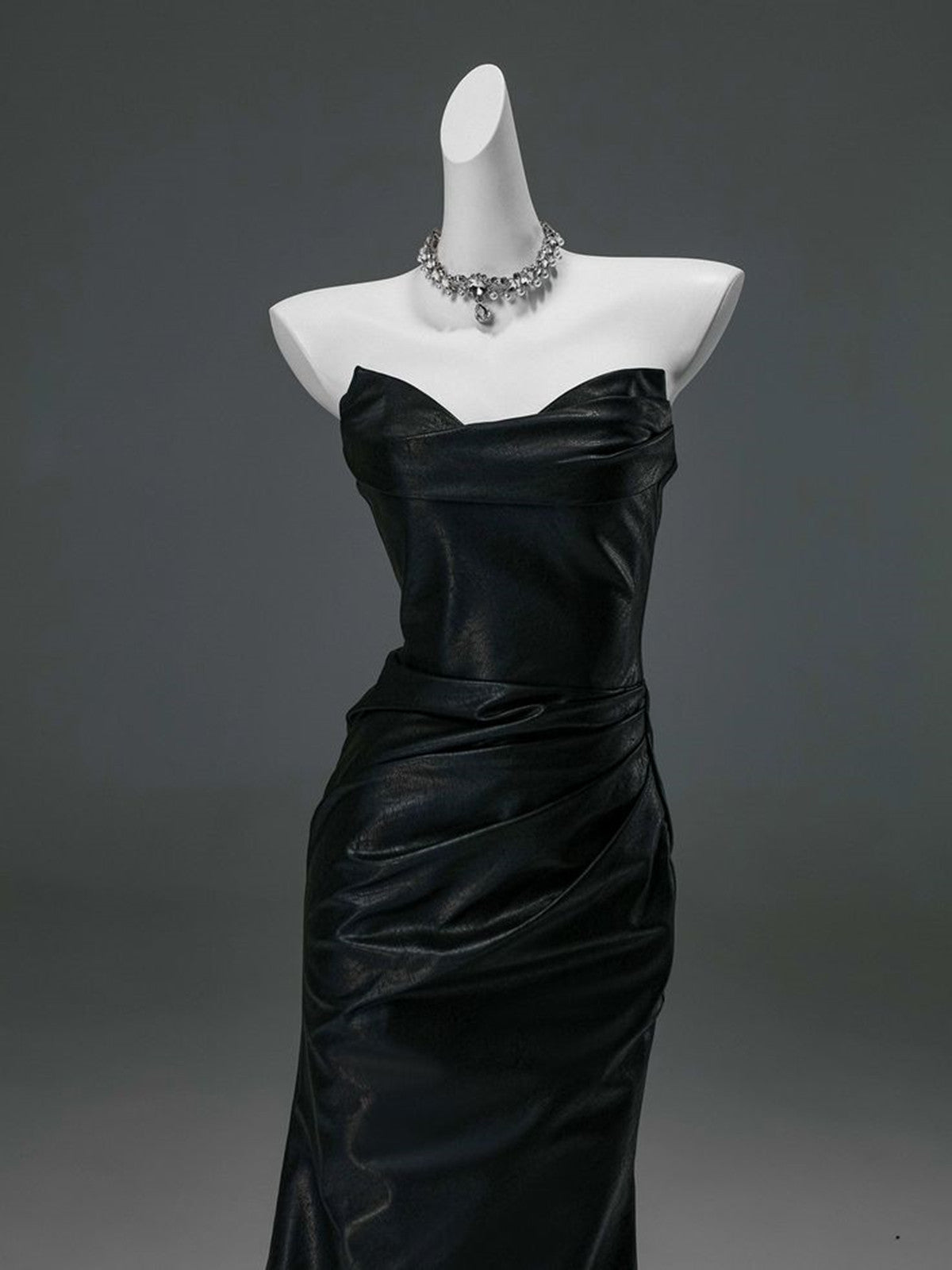 Vintage Gothic Black Satin Prom Dress, Strapless Mermaid Maxi Gown with Ruched Detail