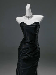 Vintage Gothic Black Satin Prom Dress, Strapless Mermaid Maxi Gown with Ruched Detail