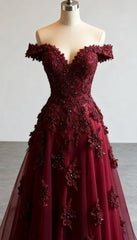 Wine Red A-line Long Prom Dress with Lace Applique, Off Shoulder Wine Red Party Dress