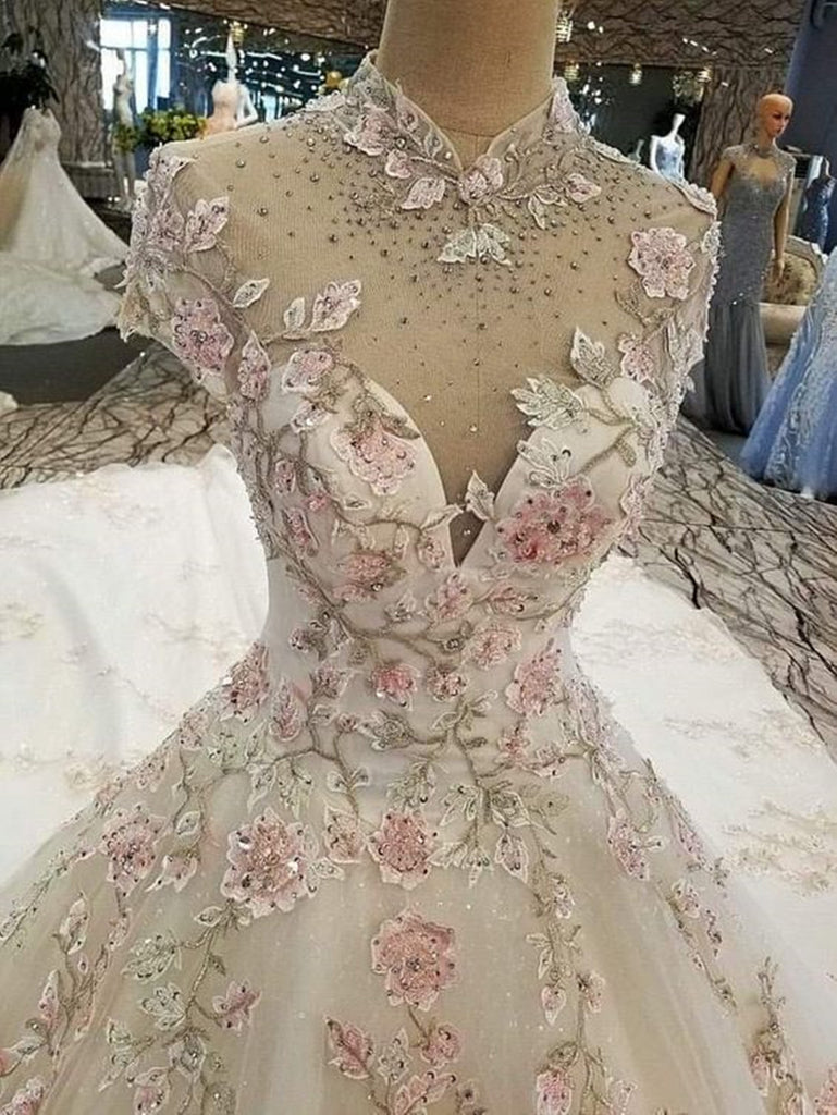 Charming Ivory Tulle Long Wedding Party Dress With Lace, A-Line Tulle Prom Dress Party Dress  gh82 main image 1
