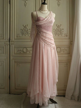 Lovely Pink Long Chiffon Sweetheart Party Dress, Pink Pearls Prom Dress