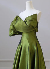 Green Satin Long One Shoulder Party Dress, Green A-line Satin Prom Dress
