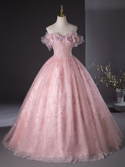 Pink Tulle Floral Flowers Sweeetheart Long Formal Dress, Pink Sweet 16 Dress