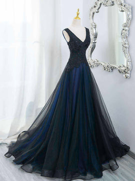 A-line Black and Blue Tulle V-neckline Long Party Dress with Lace, Blue and Black Prom Dress
