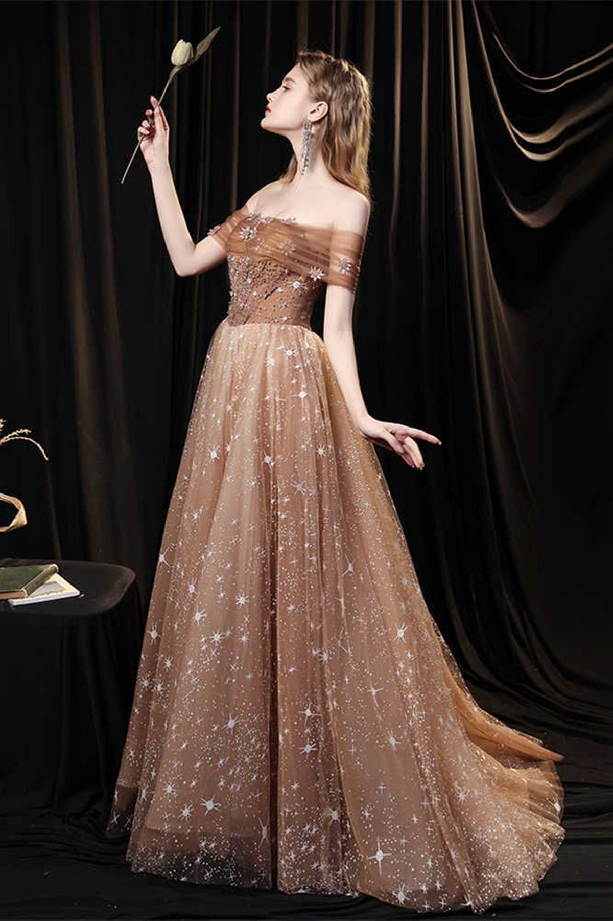 A-line Champagne Beaded Off Shoulder Prom Dress, Tulle Long Evening Dr – Cutedressy