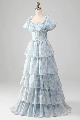 Light Blue Floral Layers Long Party Dress Evening Dress, Light Blue Prom Dress