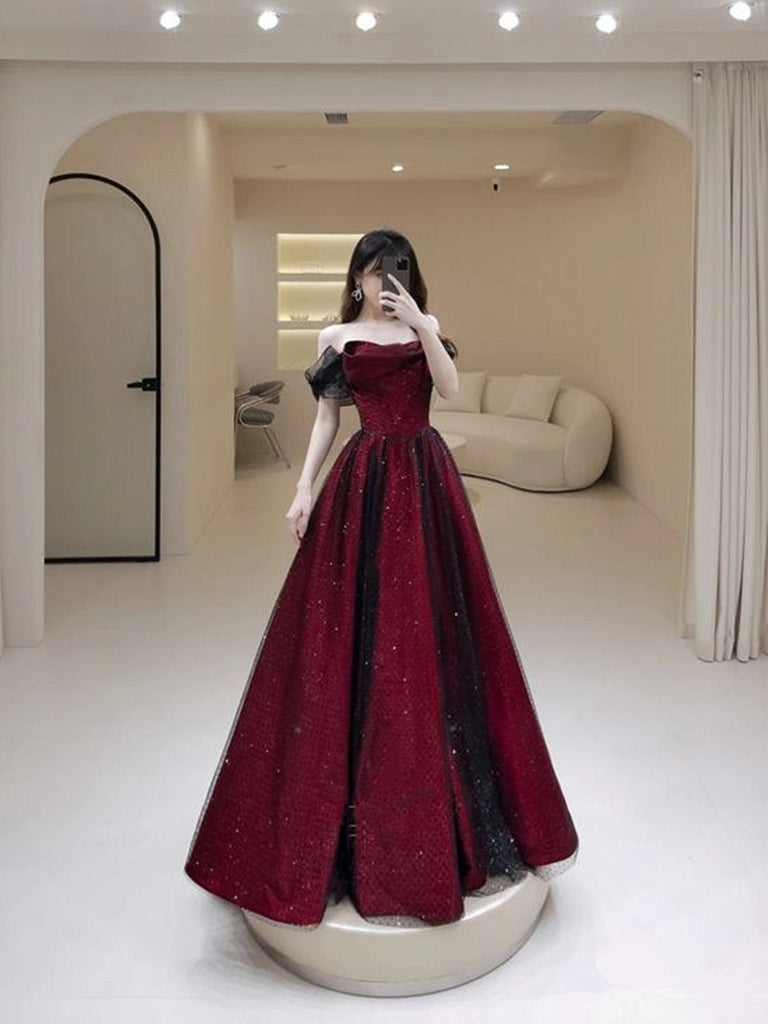 Black and Red Off Shoulder A-line Party Dress, Simple Style Prom Dress Evening Dress