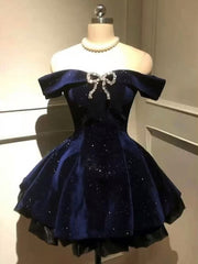 Navy Blue Velvet Short Homecoming Dress, A-line Sweetheart Off Shoulder Short Party Dress
