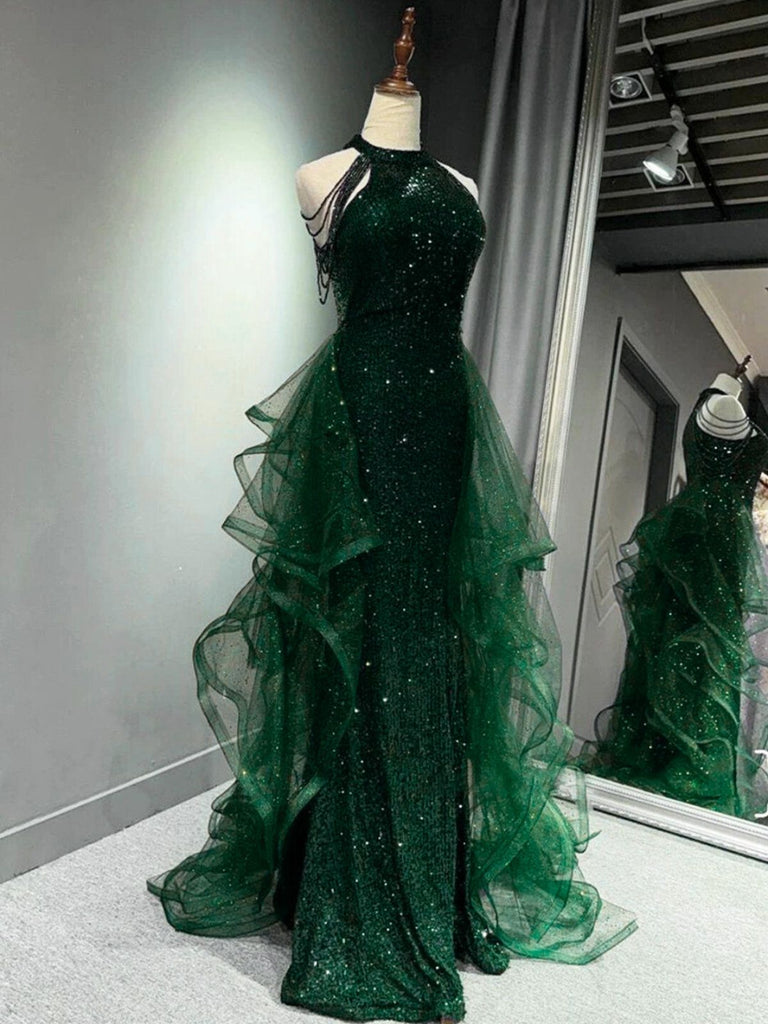 Green Tulle and Sequins Beaded Long Formal Dress, Green A-line Prom Dr