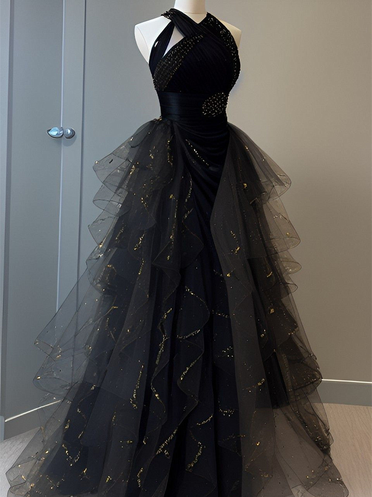 Black Halter Tulle Bead A-line Layers Long Formal Dress, Black Tulle Evening Dress Prom Dress