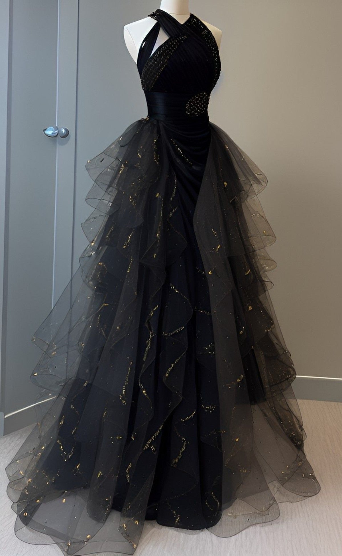 Black Halter Tulle Bead A-line Layers Long Formal Dress, Black Tulle Evening Dress Prom Dress
