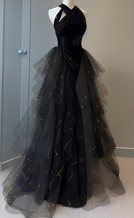 Black Halter Tulle Bead A-line Layers Long Formal Dress, Black Tulle Evening Dress Prom Dress