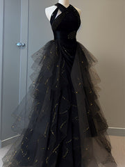 Black Halter Tulle Bead A-line Layers Long Formal Dress, Black Tulle Evening Dress Prom Dress