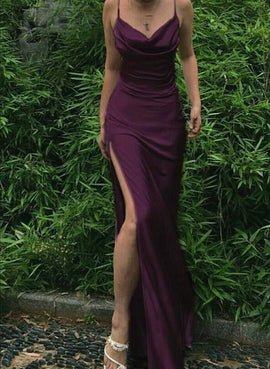 Purple Satin Mermaid Straps Long Formal Dress, Purple Long Prom Dress