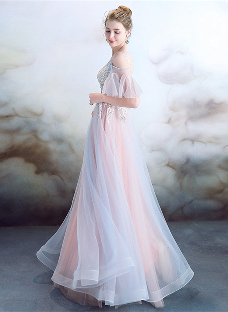 A-line pink tulle and lace appliques long prom dress    cg21517