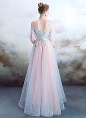 Pink A-line Tulle with Lace Applique Prom Dress, Pink Sweetheart Bridesmaid Dress