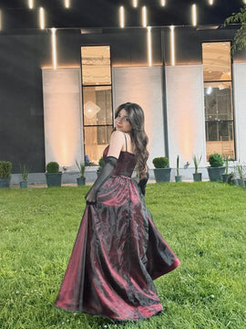 A-line Black and Red Simple Straps Long Prom Dress, Gothic Black and Red Evening Dress