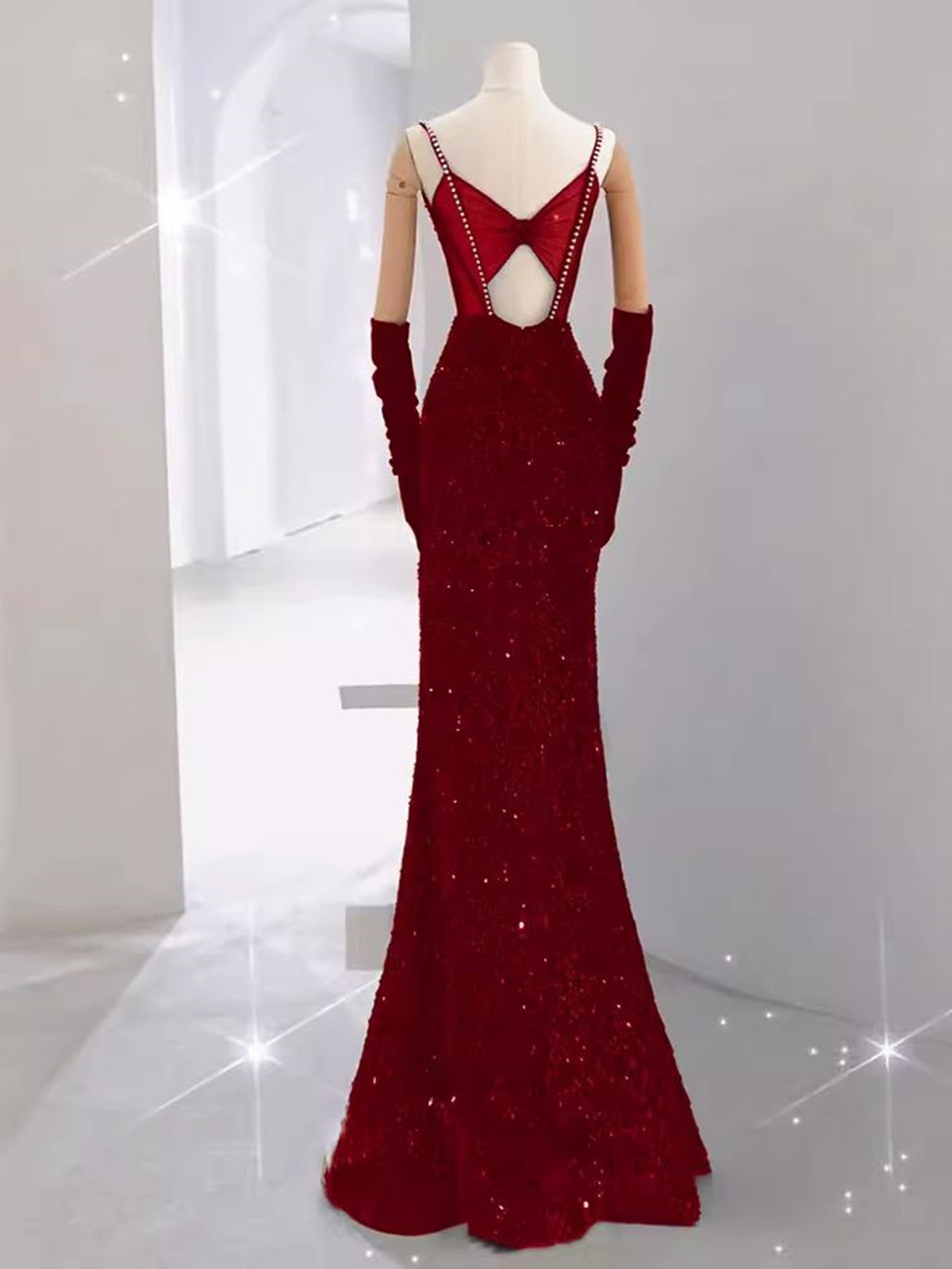Wine Red Sequins Mermaid Straps Long Formal Dress, Wine Red Beaded Prom Dress