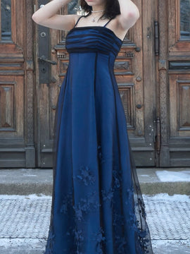 Vintage Style Black and Blue Straps Long Prom Dress, A-line Long Formal Dress 