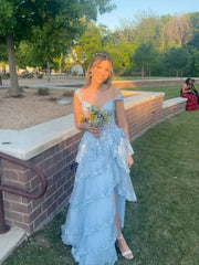 Light Blue Tulle Sweetheart Layers Prom Dress, A-line Blue Long Party Dress Evening Dress