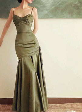 Green Satin Mermaid Long Sweetheart Evening Dress, Green Prom Dress